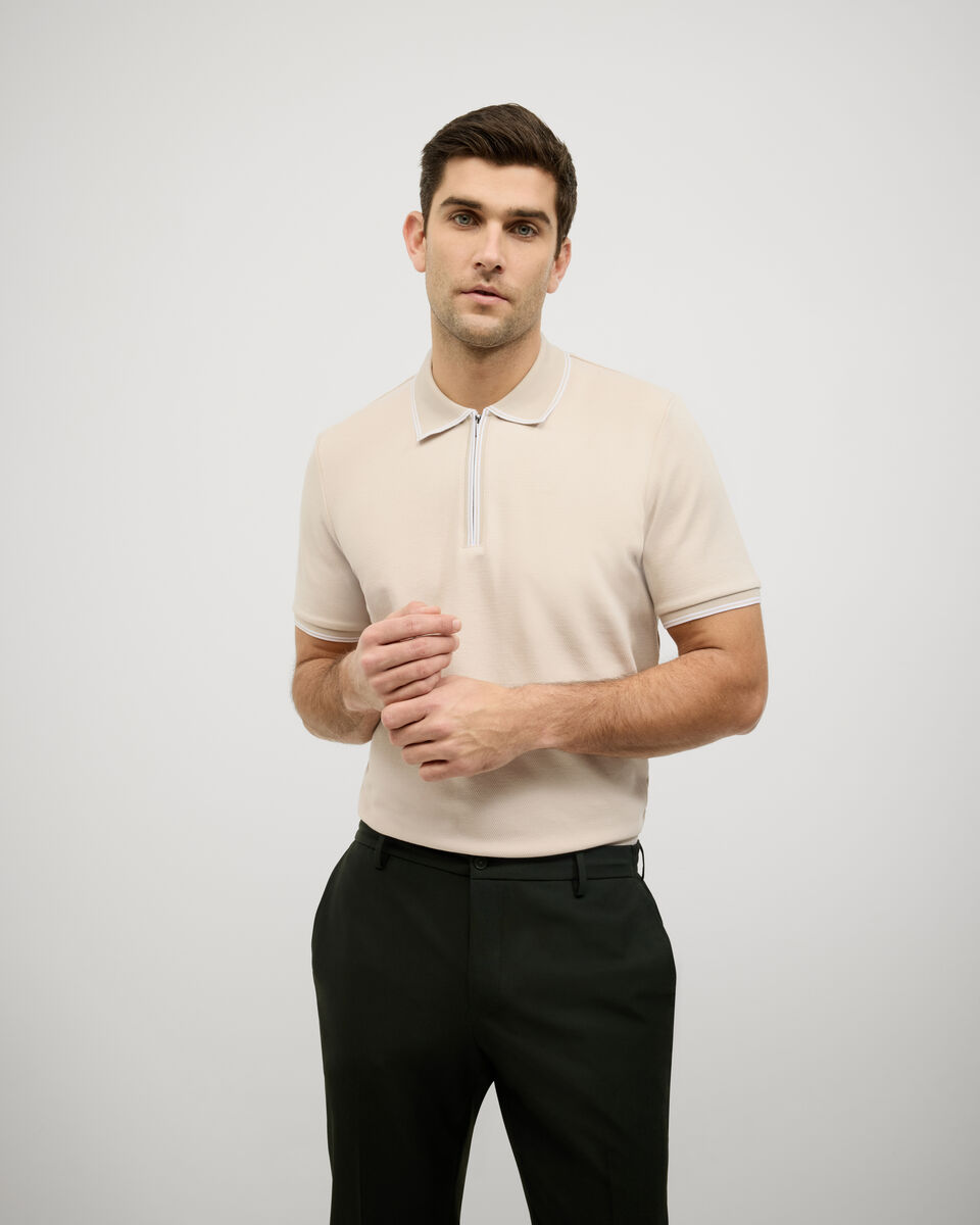 Textured Zip Collar Polo, Natural, hi-res